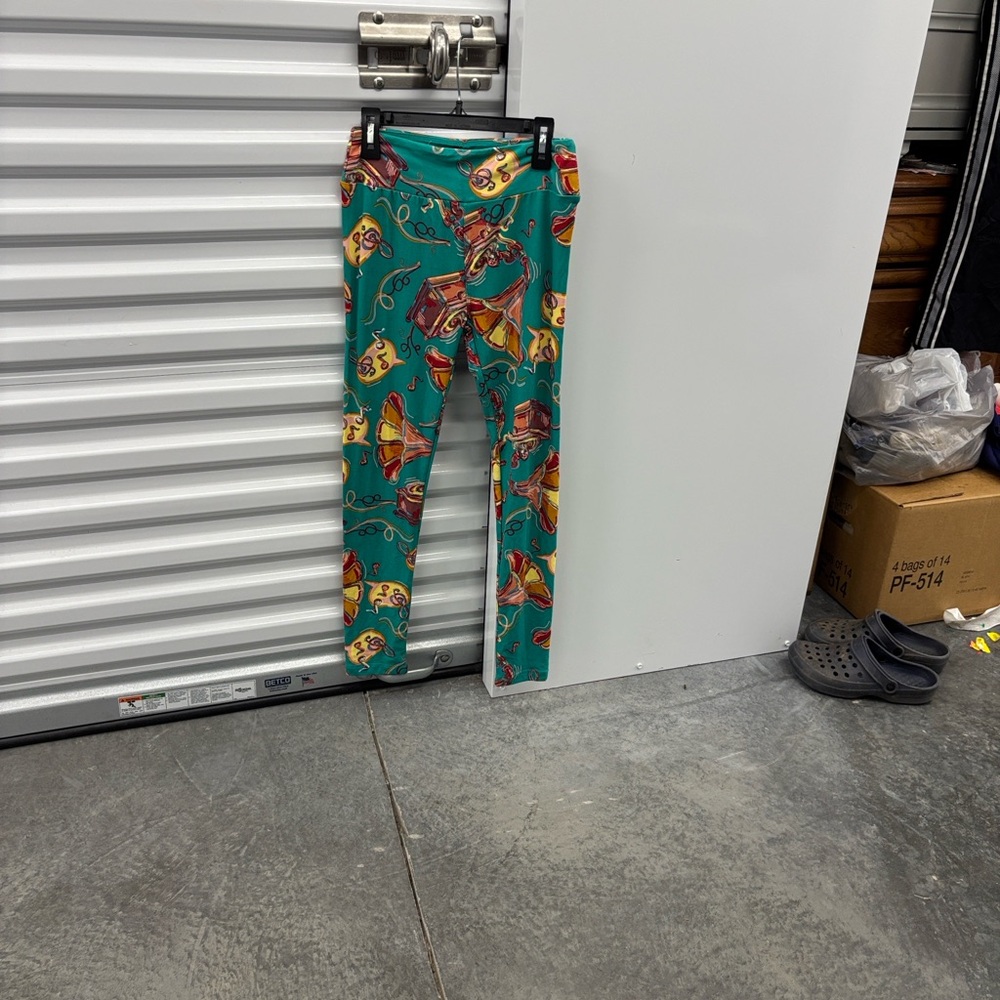 LuLaRoe Kids Leggings with Teal Yellow Phonograph Victrola Gramophone Pattern OS
